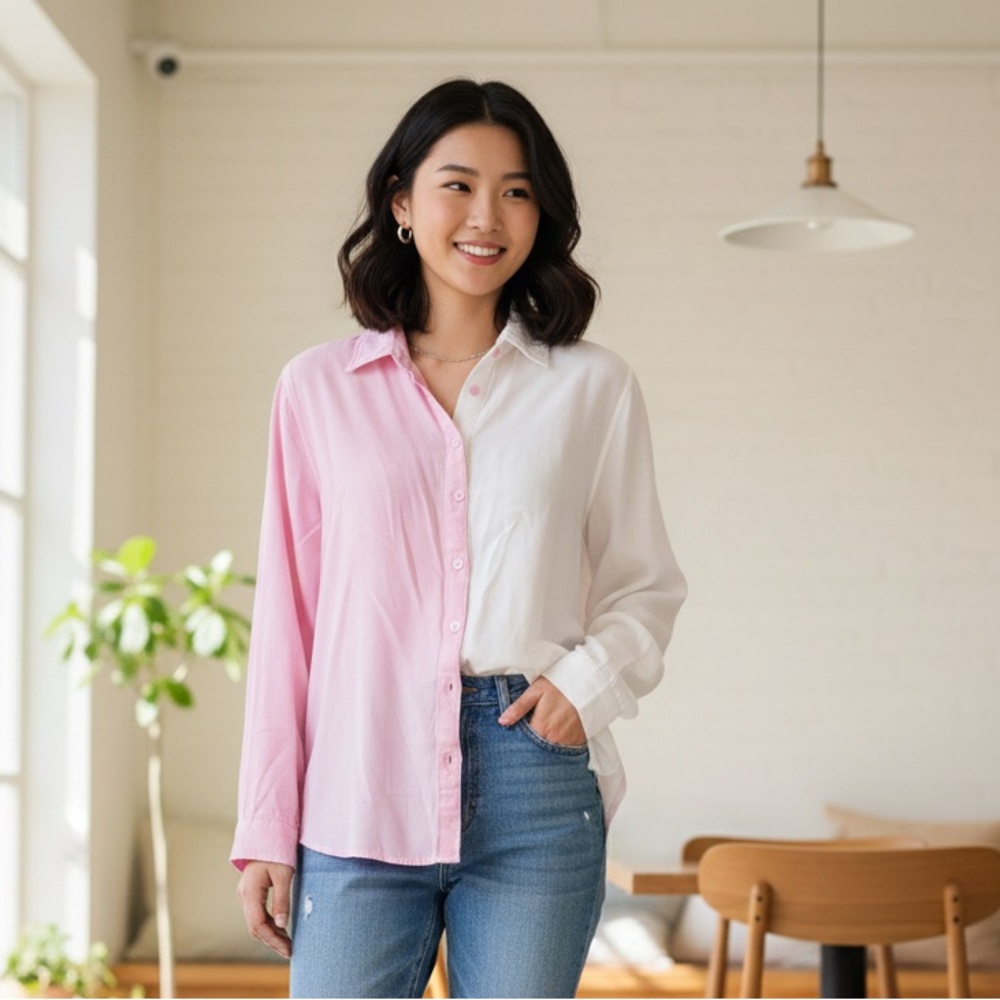 Fashion Nova Pink and White Button Down Shirt